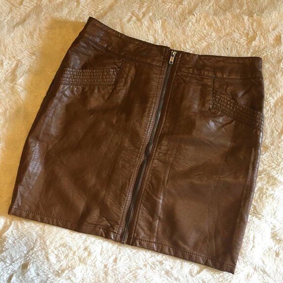 Cognac Vegan Leather Zip Up High Waist Mini Skirt - Picture 1 of 16